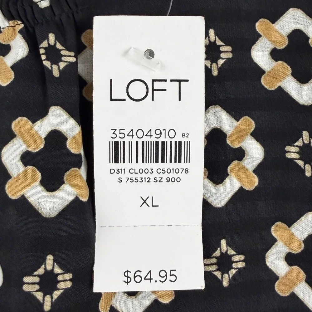 LOFT Blouse XL Black Geometric Ruffle Neck Puff Sleeve NEW